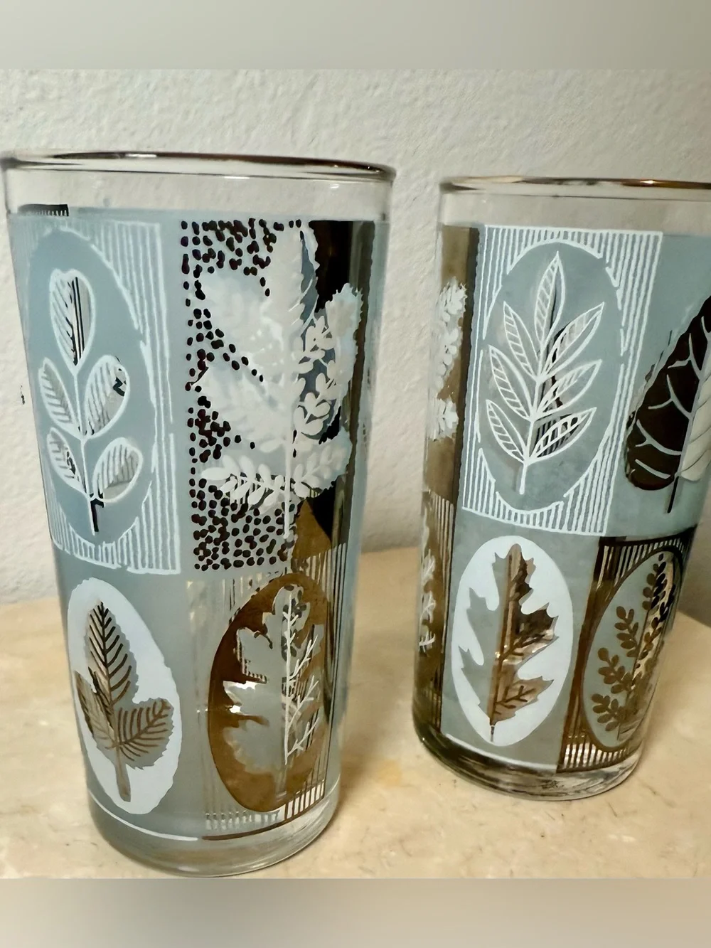 2 MCM Libbey Riviera Highball, Blue Frosted Silver Leaf Foliage Cocktail glasses